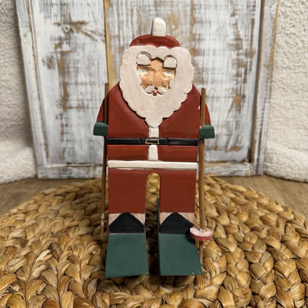 Midwest Of Cannon Falls Primitive Carved Wood Rocking Skiing Santa Figurine, 8in